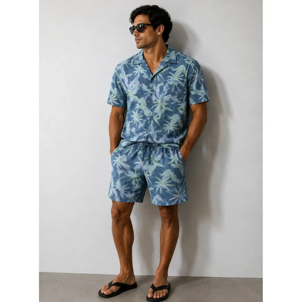 Quiksilver Mens 2 Piece Cabana Set Tropical Palm Shirt and Swim Shorts Blue M